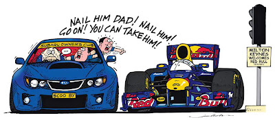 болельщики Subaru из Милтон-Кинс на светофоре вместе с Себастьяном Феттелем на Red Bull - комиксы Jim Bamber