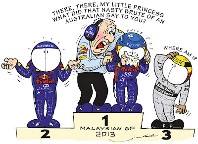 Хельмут Марко успокаивает Себастьяна Феттеля - комикс Jim Bamber по Гран-при Малайзии 2013