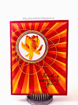 Linda Vich Creates: Projects From Stamping Group. A Lotus Blossom adorns a vibrant, card base created using a sun rays mask. Sea creatures abound in a 3D book card using stamps from By The Sea.