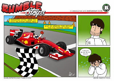 бедняжка Фернандо Алонсо наблюдает победу Себастьяна Феттеля за Ferrari - комикс Rumble Strips по Гран-при Малайзии 2015