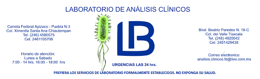 Laboratorio de Análisis Clínicos LB, Beatriz Paredes 18-C, San Gabriel Cuauhtla, 90117 Tlaxcala de Xicohténcatl, Tlax., México, Laboratorio | TLAX