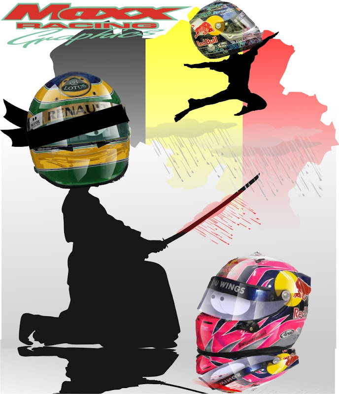 иллюстрация Maxx Racing - Бруно Сенна атакует Хайме Альгерсуари и Себастьян Феттель летит к победе на Гран-при Бельгии 2011