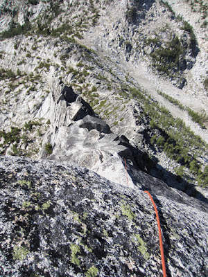 Looking down on pitch 2, from the belay on top of the boulder by the horn