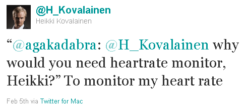 Хейкки Ковалайнен отвечает в твиттере на вопрос о мониторе сердечного ритма