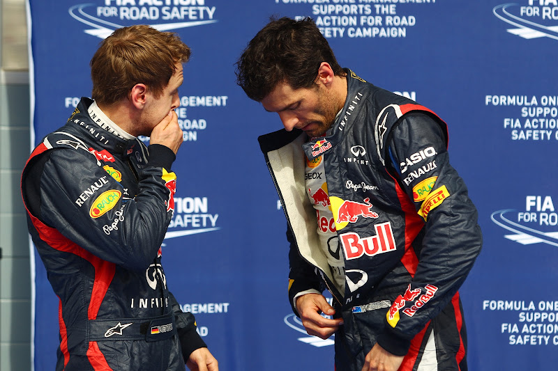 Себастьян Феттель и Марк Уэббер после квалификации на Гран-при Бахрейна 2012