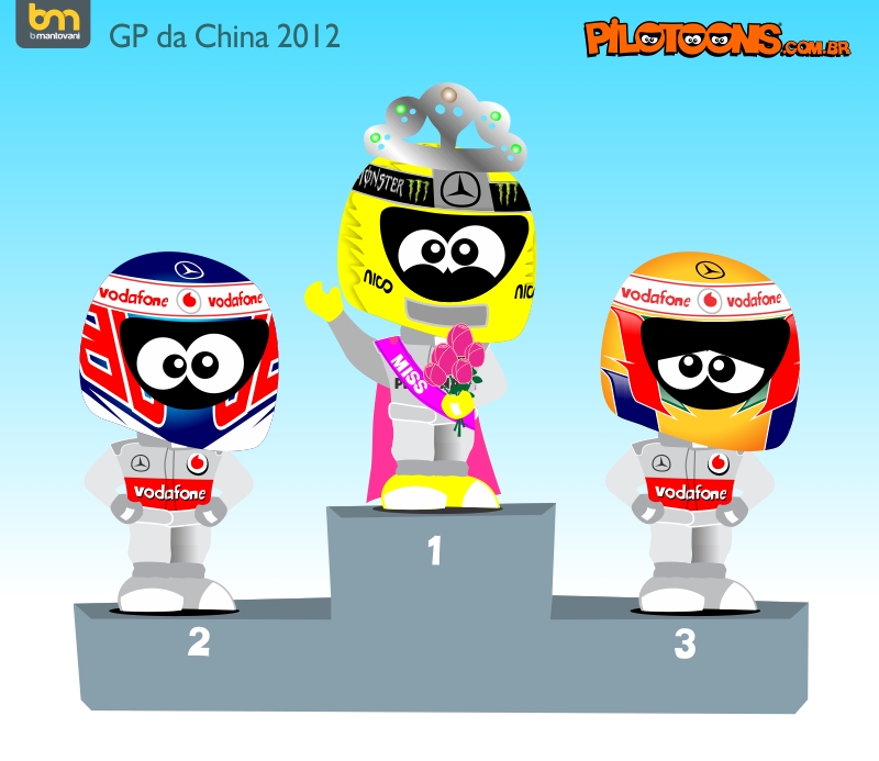pilotoons Дженсон Баттон Нико Росберг Льюис Хэмилтон на подиуме Гран-при Китая 2012