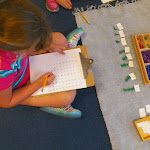 Learning math facts shouldn't be boring! In our Montessori elementary program, students have many different ways of practicing multiplication facts. Here, a student has built multiples of two out of colored bead bars and labeled them.