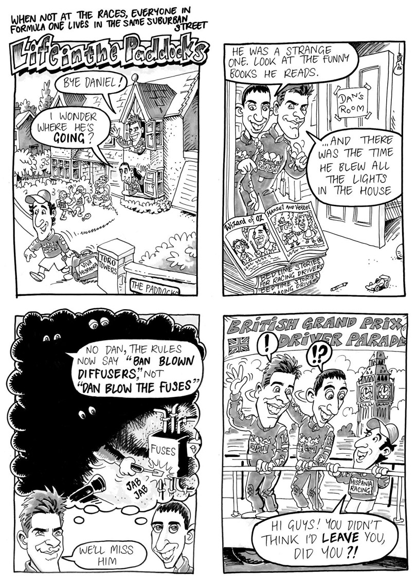 Комикс Life in the Paddocks: Даниэль Риккардо покидает Себастьяна Буэми и Хайме Альгерсуари перед Гран-при Великобритании 2011