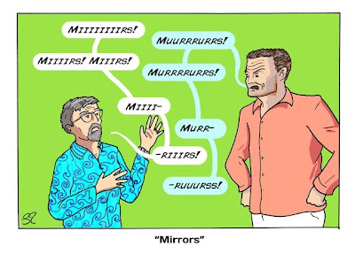 Эдди и Дэвид спорят о правильном произношении слова Зеркало на Гран-при Бельгии 2013 - комикс Stuart Taylor