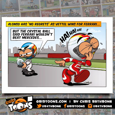 Себастьян Феттель побеждает на месте Фернандо Алонсо в Ferrari - комикс Chris Rathbone по Гран-при Малайзии 2015