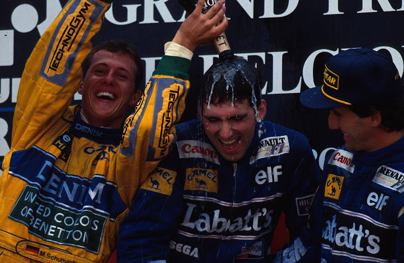 Михаэль Шумахер, Деймон Хилл и Алан Прост на подиуме Гран-при Бельгии 1993