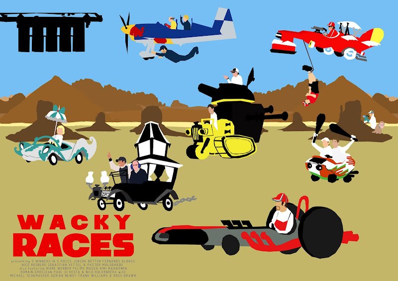F1 Wacky Races minimal movie poster designed by Russell Ford for Autosport magazine May 24th 2012