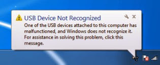 Tampilan gambar notifikasi perangkat USB yang tidak berfungsi USB Device Not Recognized