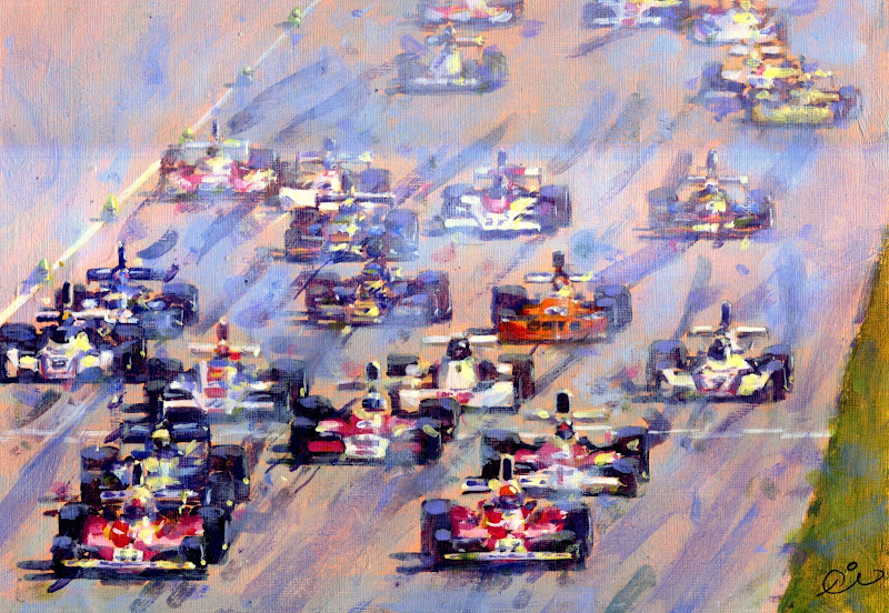 Клей Регаццони и Ники Лауда на Ferrari лидируют после старта в Монце на Гран-при Италии 1975 - картина Rob Ijbema