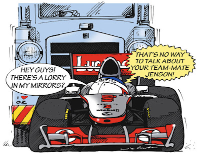 Дженсон Баттон и грузовик позади него - комикс Jim Bamber по Гран-при Австралии 2012
