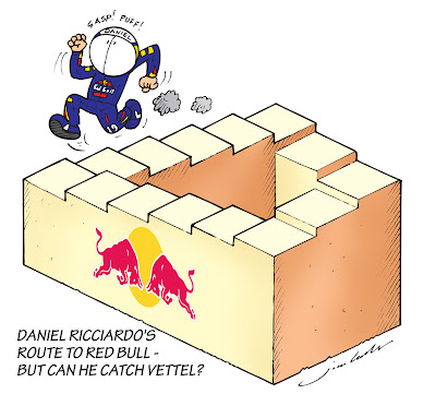 Даниэль Риккардо карабкается по лестнице Red Bull - комикс Jim Bamber