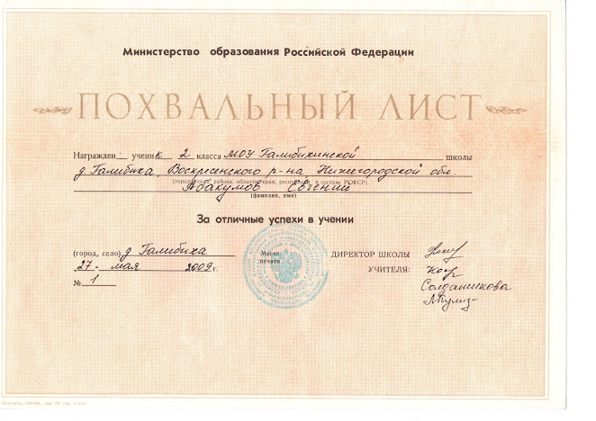 похвальный лист за отличные успехи в учении бланк