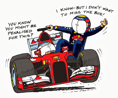 Фернандо Алонсо подвозит Марка Уэббера на своем Ferrari на Гран-при Сингапура 2013 - комикс Jim Bamber