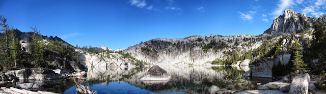 Lake Viviane with Prusik Peak looming overhead, an amazing view to welcome us to the Enchantments