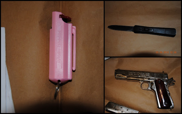 gun knife and pink pepper spray