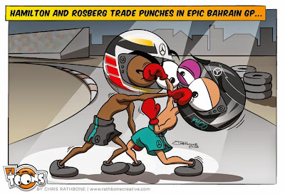 Льюис Хэмилтон и Нико Росберг обмениваются ударами - комикс Chris Rathbone по Гран-при Австралии 2014