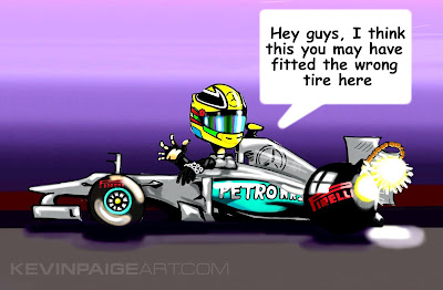 Льюис Хэмилтон и взрывная покрышка на его Mercedes на Гран-при Великобритании 2013 - комикс Kevin Paige