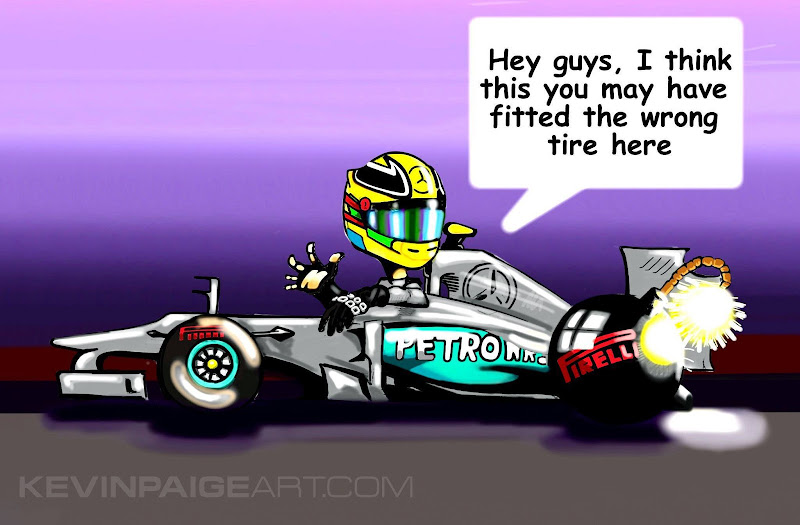 Льюис Хэмилтон и взрывная покрышка на его Mercedes на Гран-при Великобритании 2013 - комикс Kevin Paige