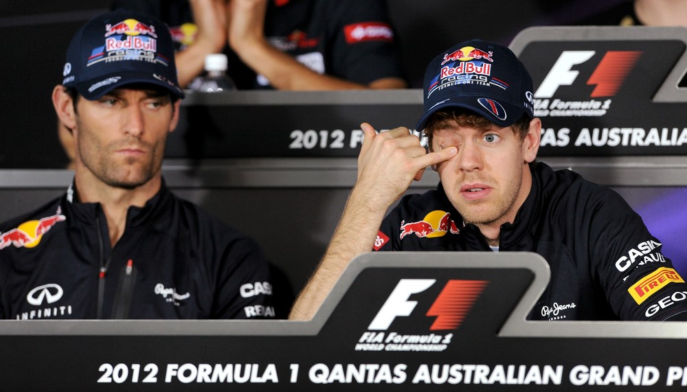 забавный Марк Уэббер и Себастьян Феттель на пресс-конференции в четверг на Гран-при Австралии 2012