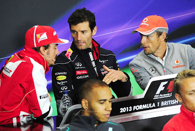 Фернандо Алонсо, Марк Уэббер и Дженсон Баттон на пресс-конференции в четверг на Гран-при Великобритании 2013