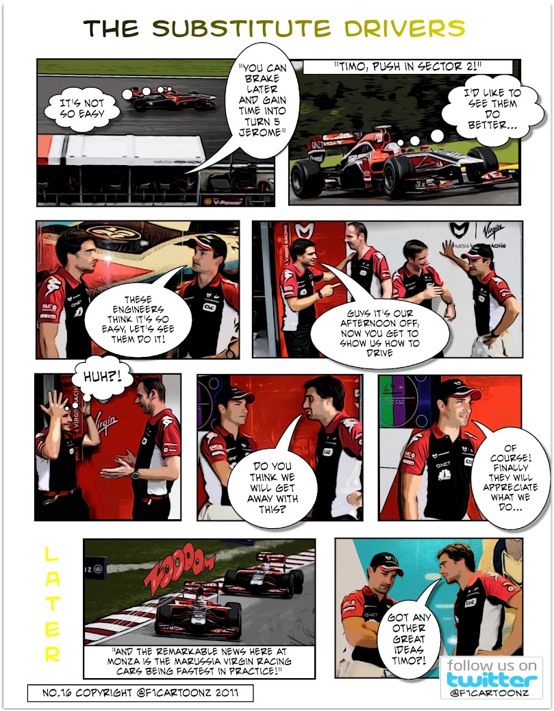 комикс F1cartoonz о Marussia Virgin и ее пилотов на Гран-при Италии 2011 в Монце