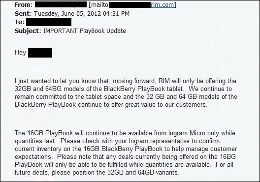 email PlayBook 16GB tidak diproduksi lagi