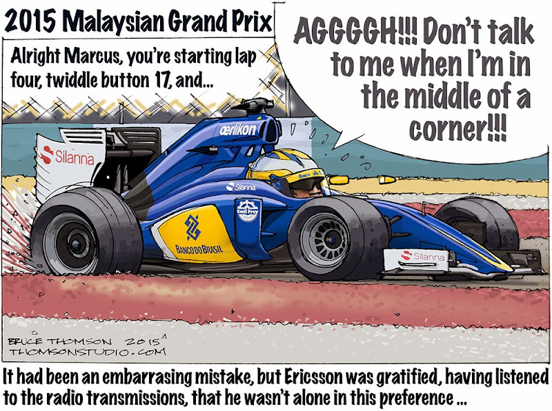 Маркус Эрикссон на Sauber ошибается и улетает в гравий - комикс Bruce Thomson по Гран-при Малайзии 2015