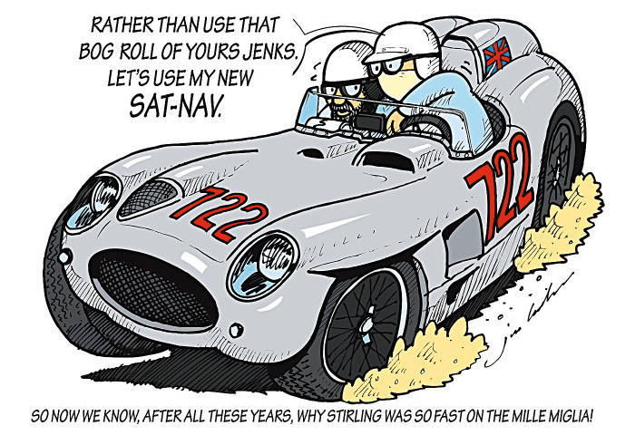 Стирлинг Мосс за рулем Mercedes с номером 722 на гонке Милле Милья - комикс Jim Bamber