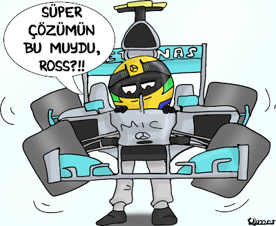 Льюис Хэмилтон несет свой Mercedes во избежании расхода резины Pirelli на Гран-при Испании 2013 - комикс Omer
