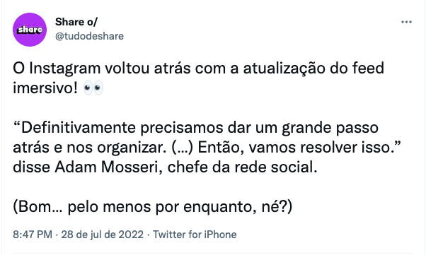 Print de tweet falando sobre as mudanças do Instagram.