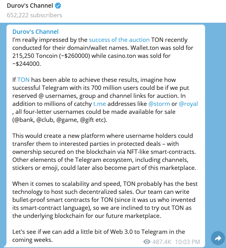 CEO Telegram đề xuất sử dụng NFT đối với tên người dùng