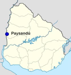 A map showing the location of Paysandu, on the Rio Uruguay the site of a planned new ANCAP terminal for oil and gas imports