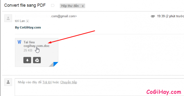 mở file word cần chuyển sang pdf lên từ gmail