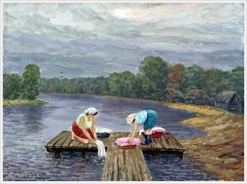 Женщины стирают на речке