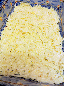 Recipe for Chive and Onion Hash Brown Potatoes, layer a third of the hash brown mixture, then 2/3 cup cheese, and then minced chives times 3