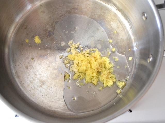 ginger and garlic in olive oil in skillet 