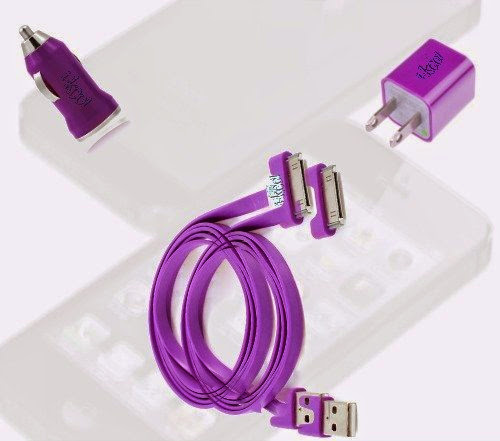  I-kool Flat Cable Iphone 4 Charger incluides 2 Data Cable + Wall Plug + Car Charger Charges 3s, &  Iphone 4, 4s, Ipad 1  &  2 (purple)