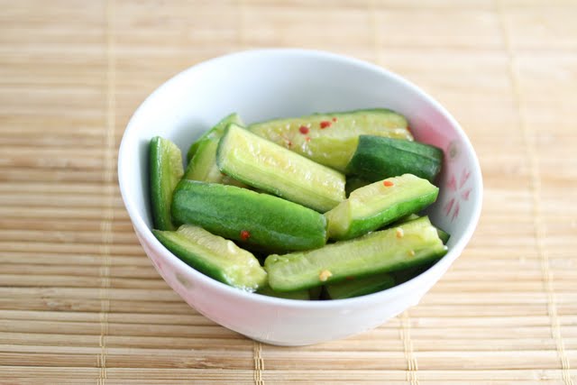 Chinese cucumber salad in a white bowl.