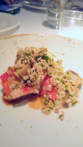 Bluehour Portland, Alaska King Crab starter with porcini mushroom, truffled amaranth, and shellfish emulsion.