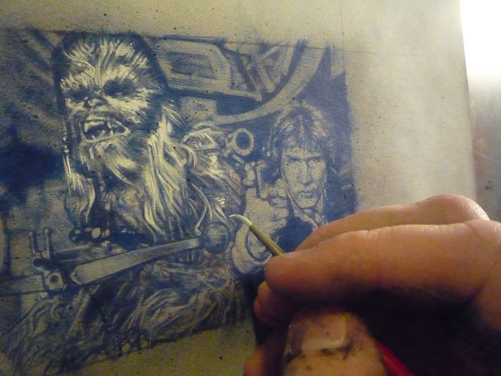 Harrison Ford as Han Solo & Peter Mayhew as Chewbacca, work inprogress sketch card