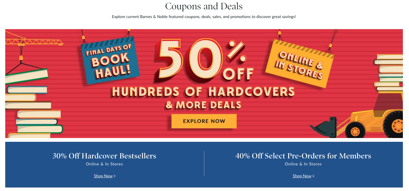 Recent screenshot of barnes and noble coupons page, showing 50% off hardcover books deals