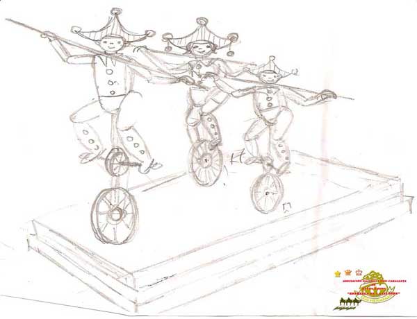 Boceto de la carroza Muñecos y monociclos