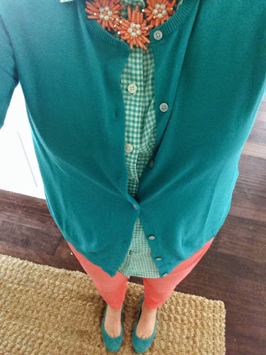 Turquoise sweater, turquoise and white checked blouse, jcrew, fashion for 50 something's 
