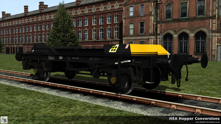 Fastline Simulation - HEA Conversions: RNA barrier wagon with the hopper body removed in Railfreight Coal livery. The pipe runs above the underframe meant that a standard TOPS data panel would be obstructed and some creativity had to take place when adding it to the underframe.
