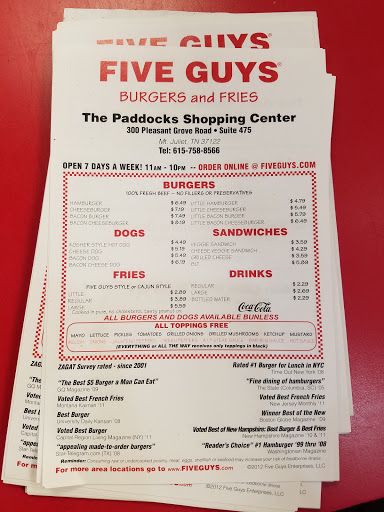 Fast Food Restaurant «Five Guys», reviews and photos, 300 Pleasant Grove Rd, Mt Juliet, TN 37122, USA